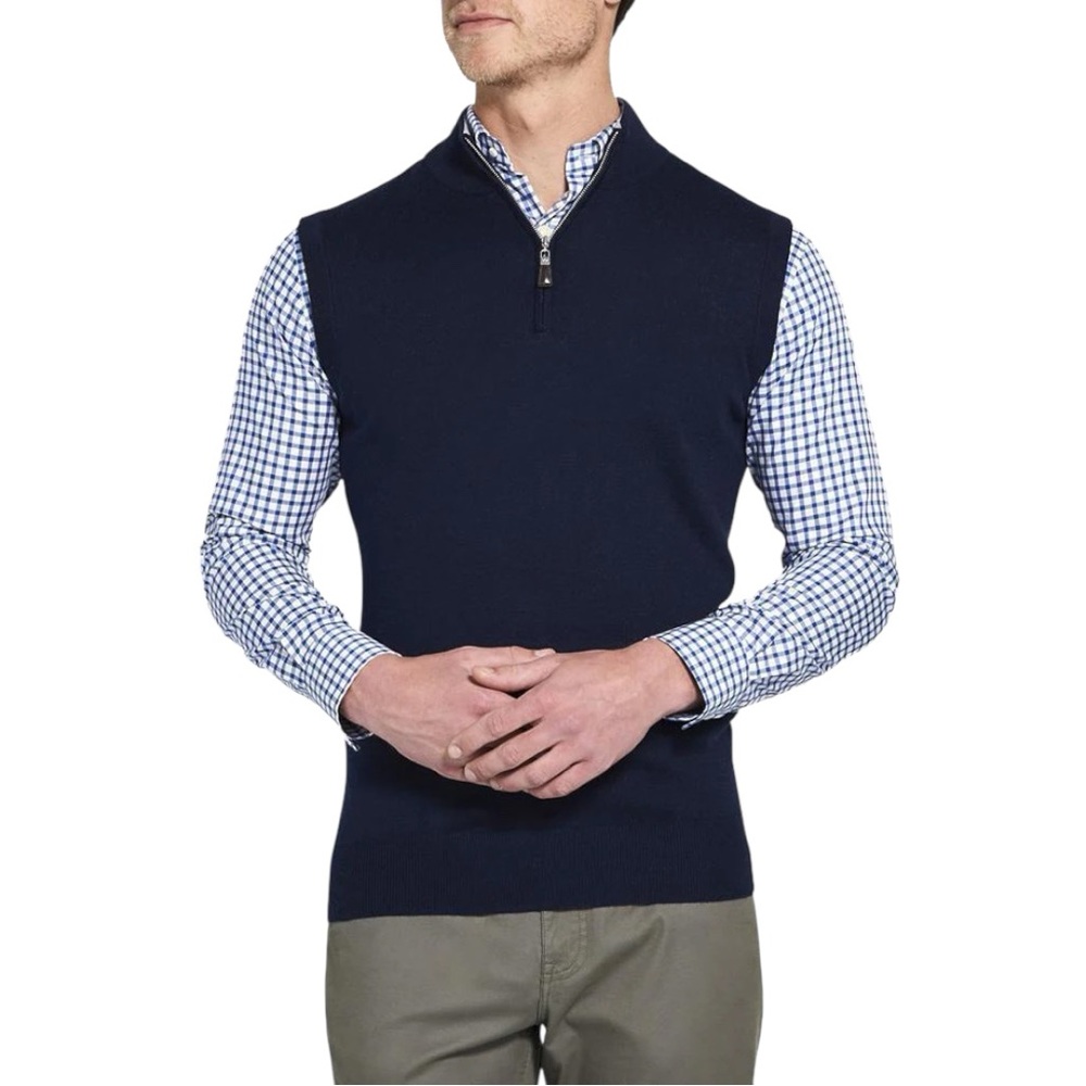 NWOT PETER MILLAR NAVY MENS CROWN SOFT QUARTER-ZIP VEST IN MERINO WOOL/SILK SZ L